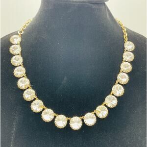 J Crew Brulee Necklace Clear Rivoli Rhinestone Prong Set Brass Chain Signed Tag